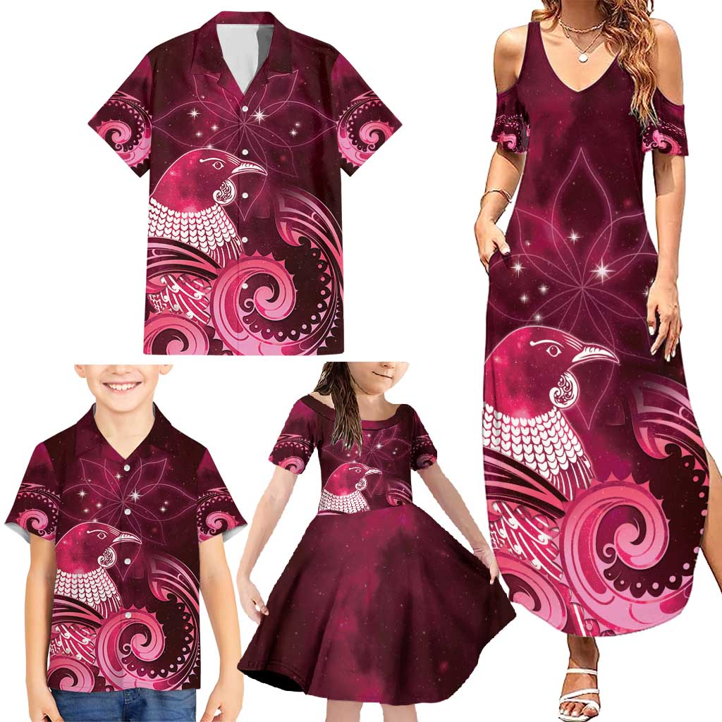 New Zealand Matariki Family Matching Summer Maxi Dress and Hawaiian Shirt Maori Tui Bird Magenta Galaxy
