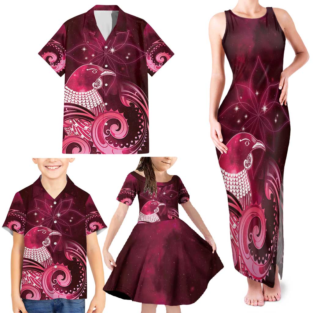 New Zealand Matariki Family Matching Tank Maxi Dress and Hawaiian Shirt Maori Tui Bird Magenta Galaxy