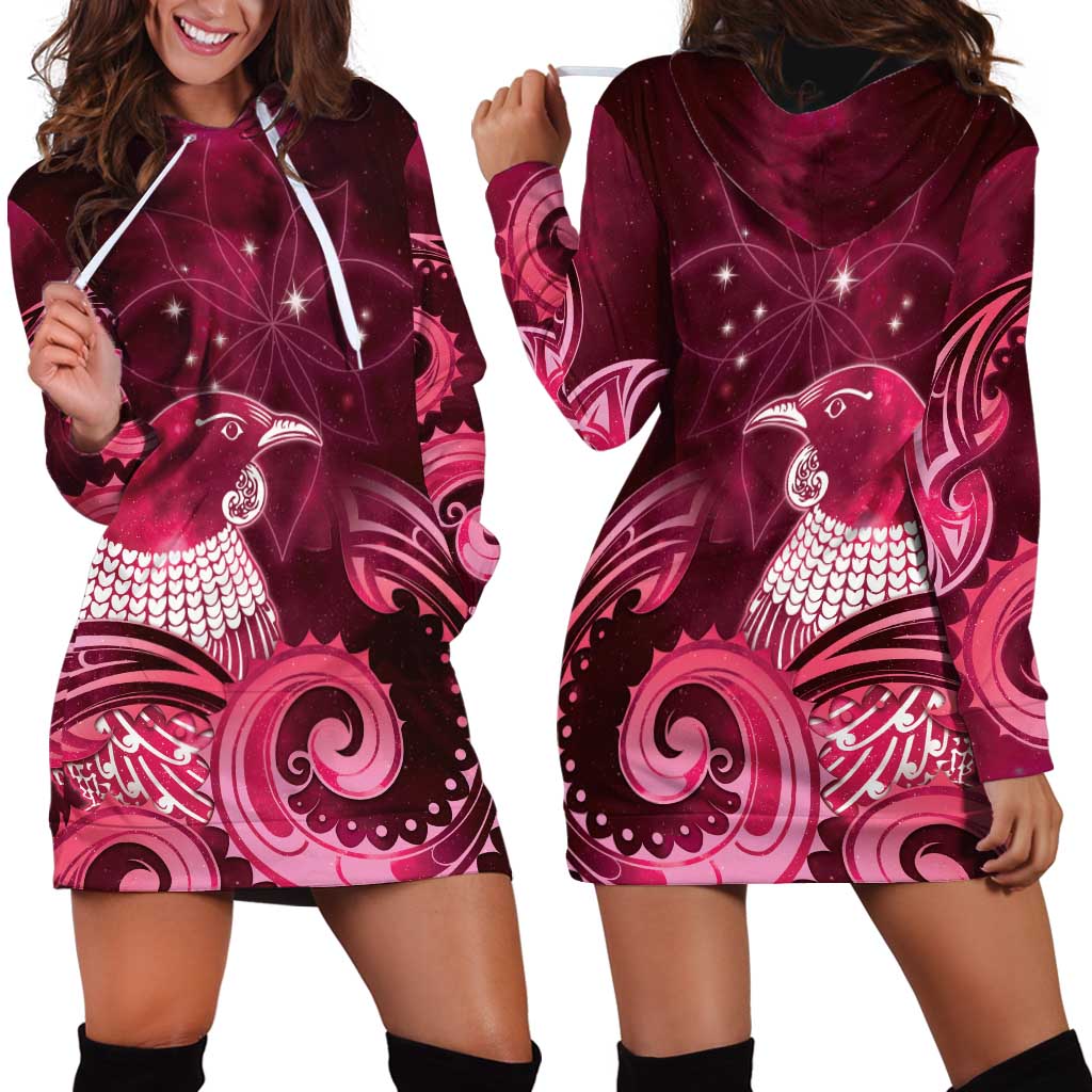 New Zealand Matariki Hoodie Dress Maori Tui Bird Magenta Galaxy