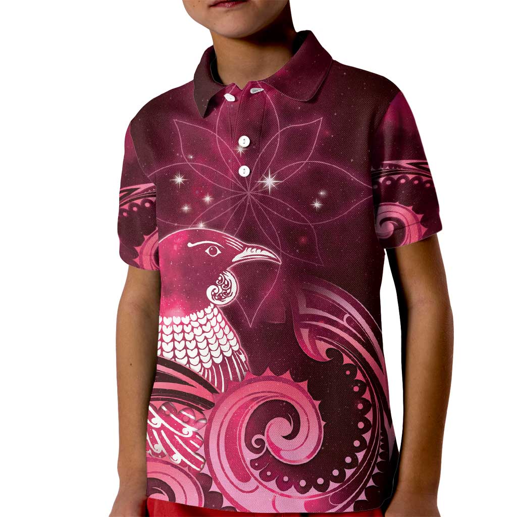 New Zealand Matariki Kid Polo Shirt Maori Tui Bird Magenta Galaxy