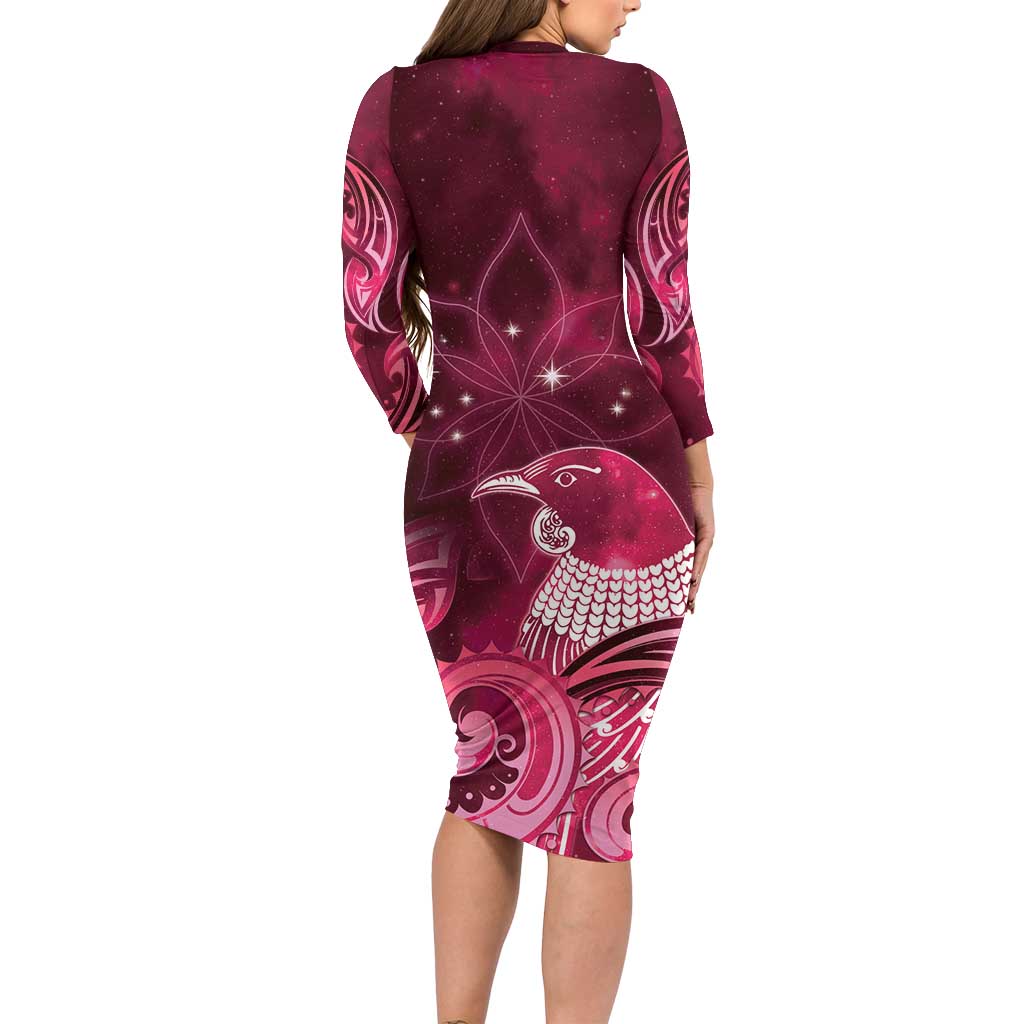 New Zealand Matariki Long Sleeve Bodycon Dress Maori Tui Bird Magenta Galaxy