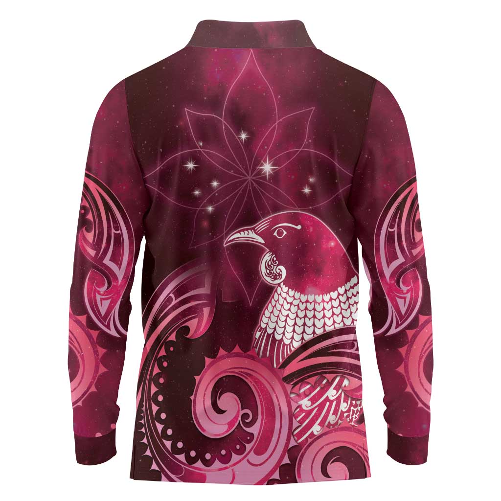 New Zealand Matariki Long Sleeve Polo Shirt Maori Tui Bird Magenta Galaxy