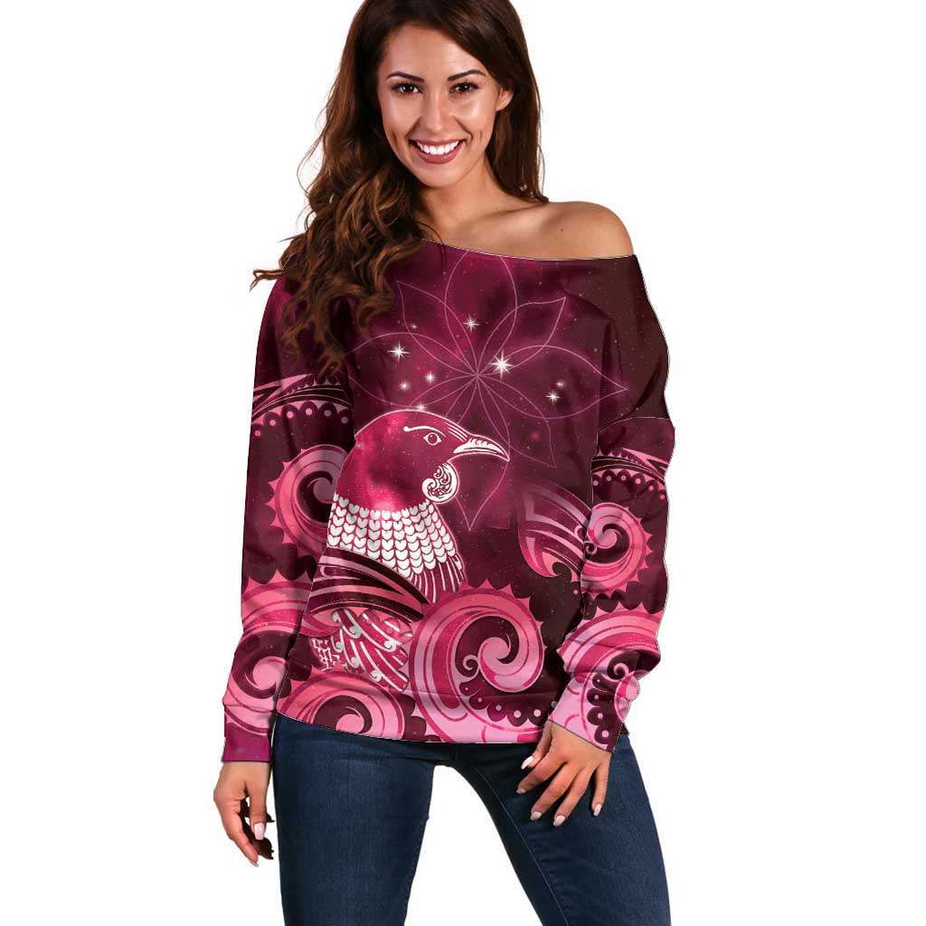 New Zealand Matariki Off Shoulder Sweater Maori Tui Bird Magenta Galaxy
