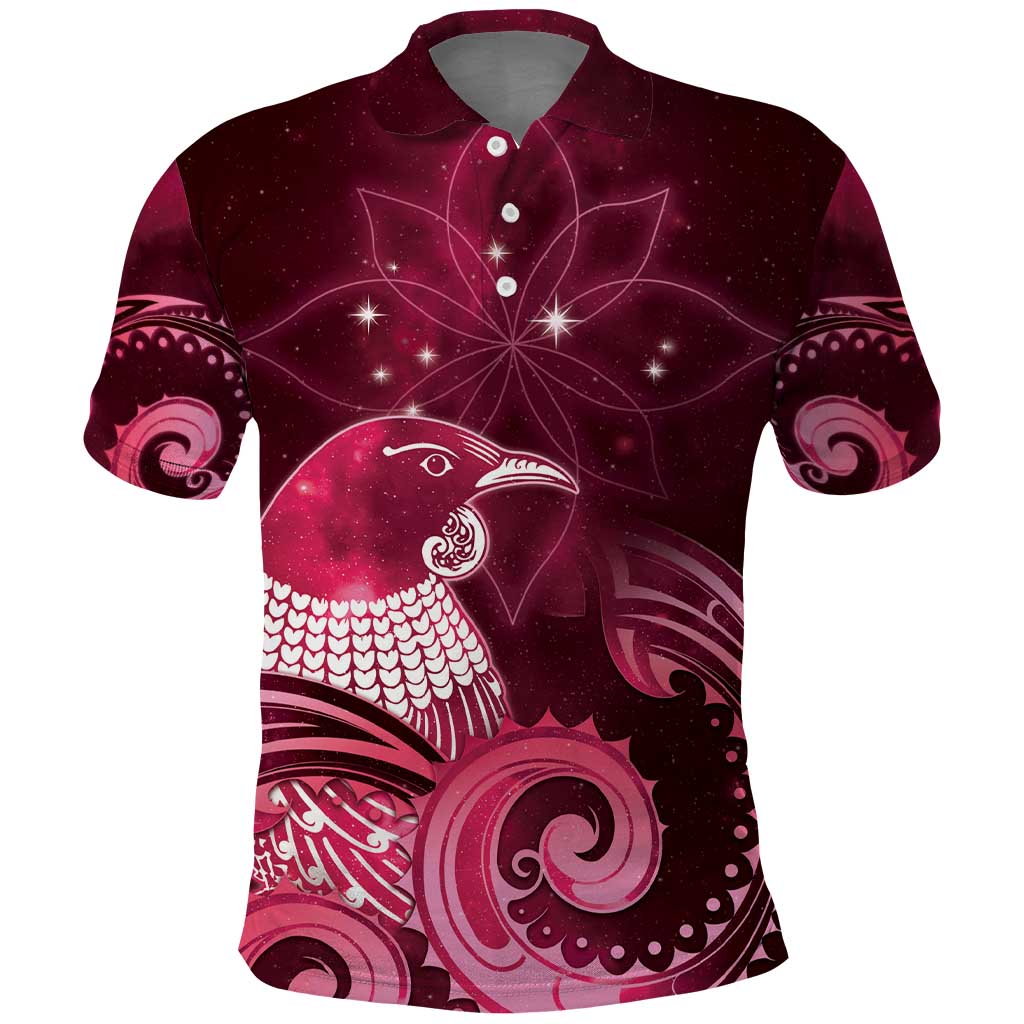 New Zealand Matariki Polo Shirt Maori Tui Bird Magenta Galaxy