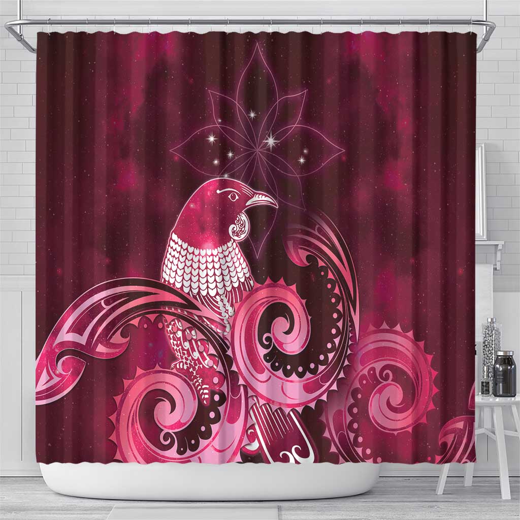 New Zealand Matariki Shower Curtain Maori Tui Bird Magenta Galaxy