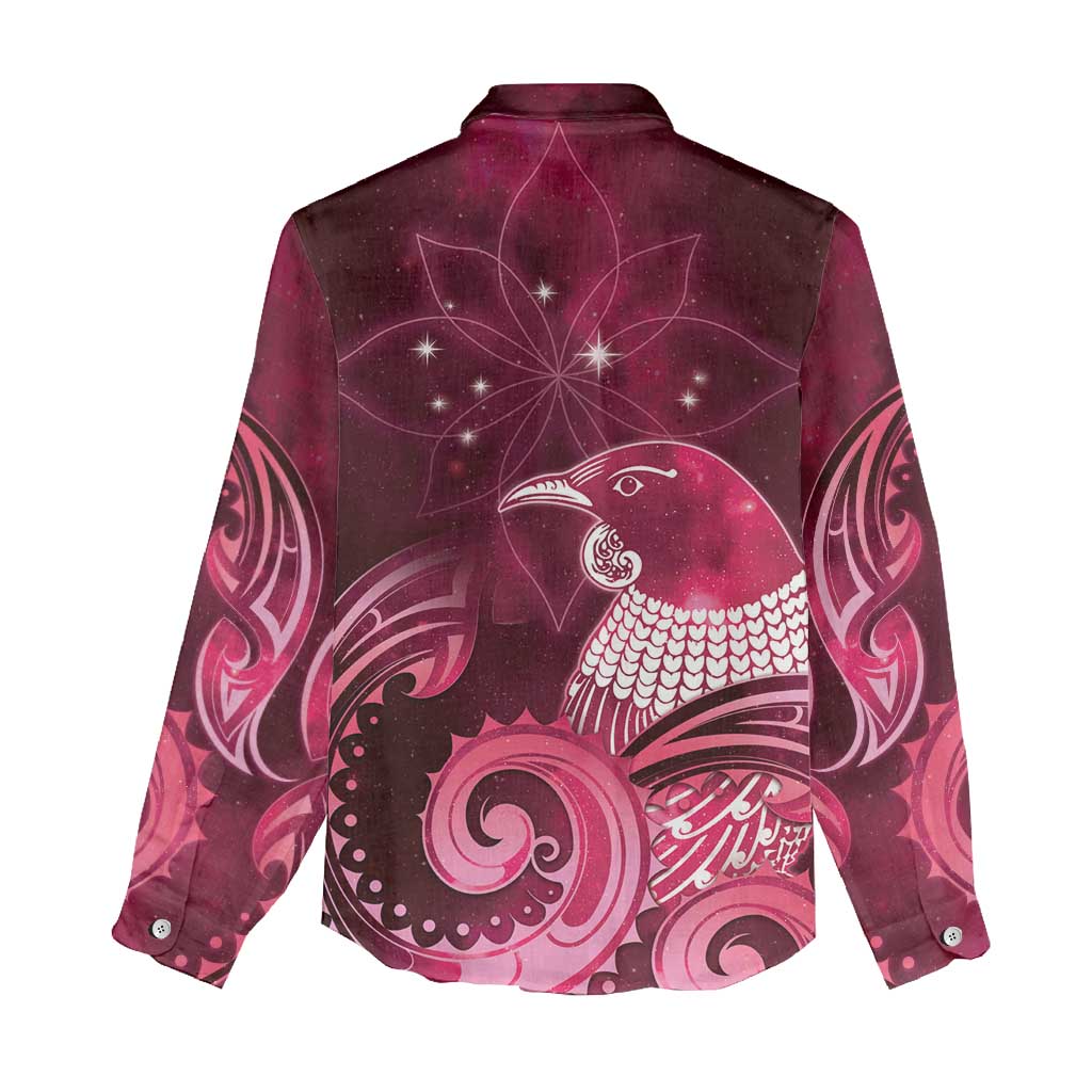 New Zealand Matariki Women Casual Shirt Maori Tui Bird Magenta Galaxy