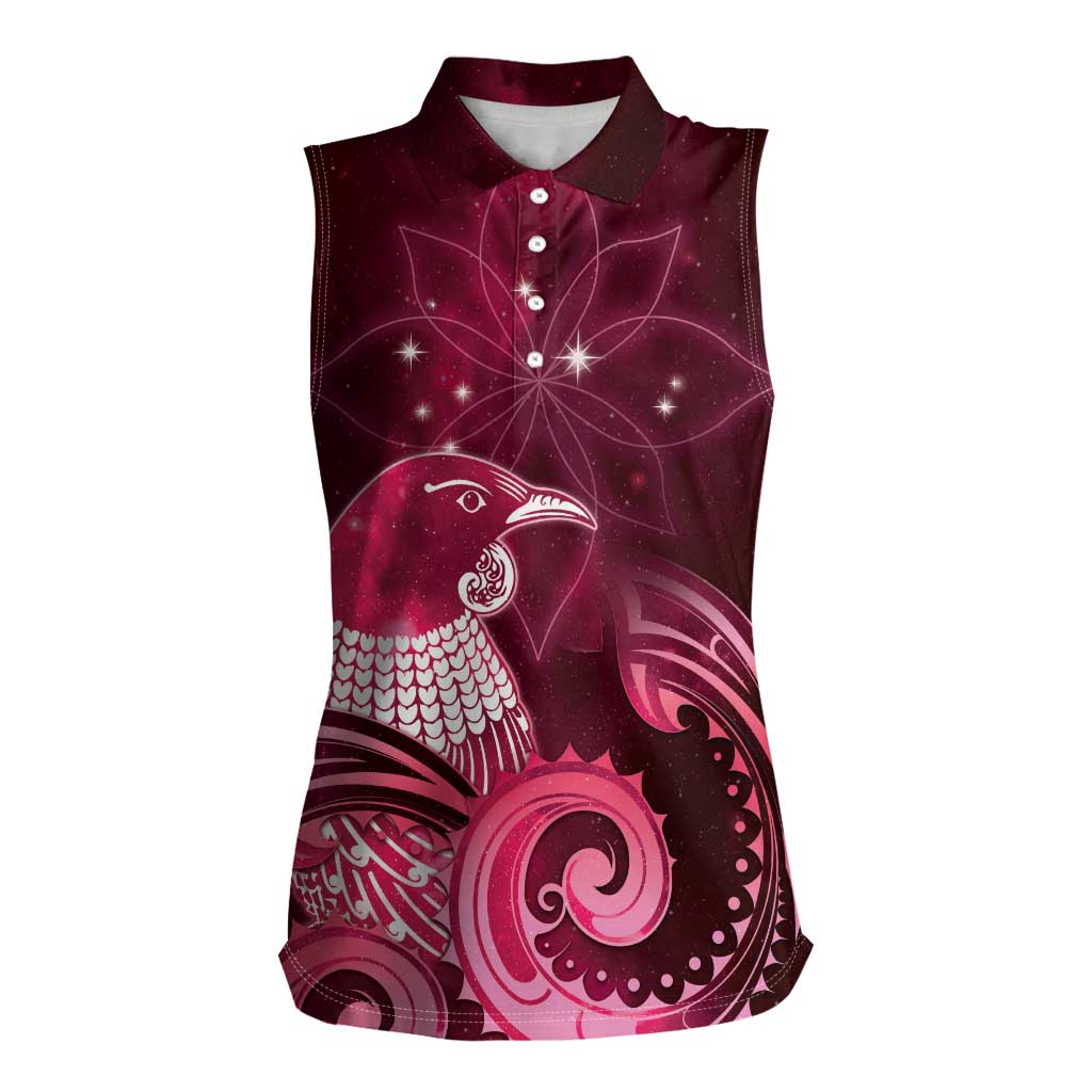 New Zealand Matariki Women Sleeveless Polo Shirt Maori Tui Bird Magenta Galaxy