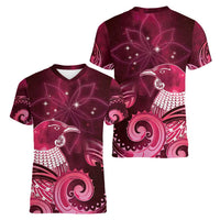 New Zealand Matariki Women V-Neck T-Shirt Maori Tui Bird Magenta Galaxy