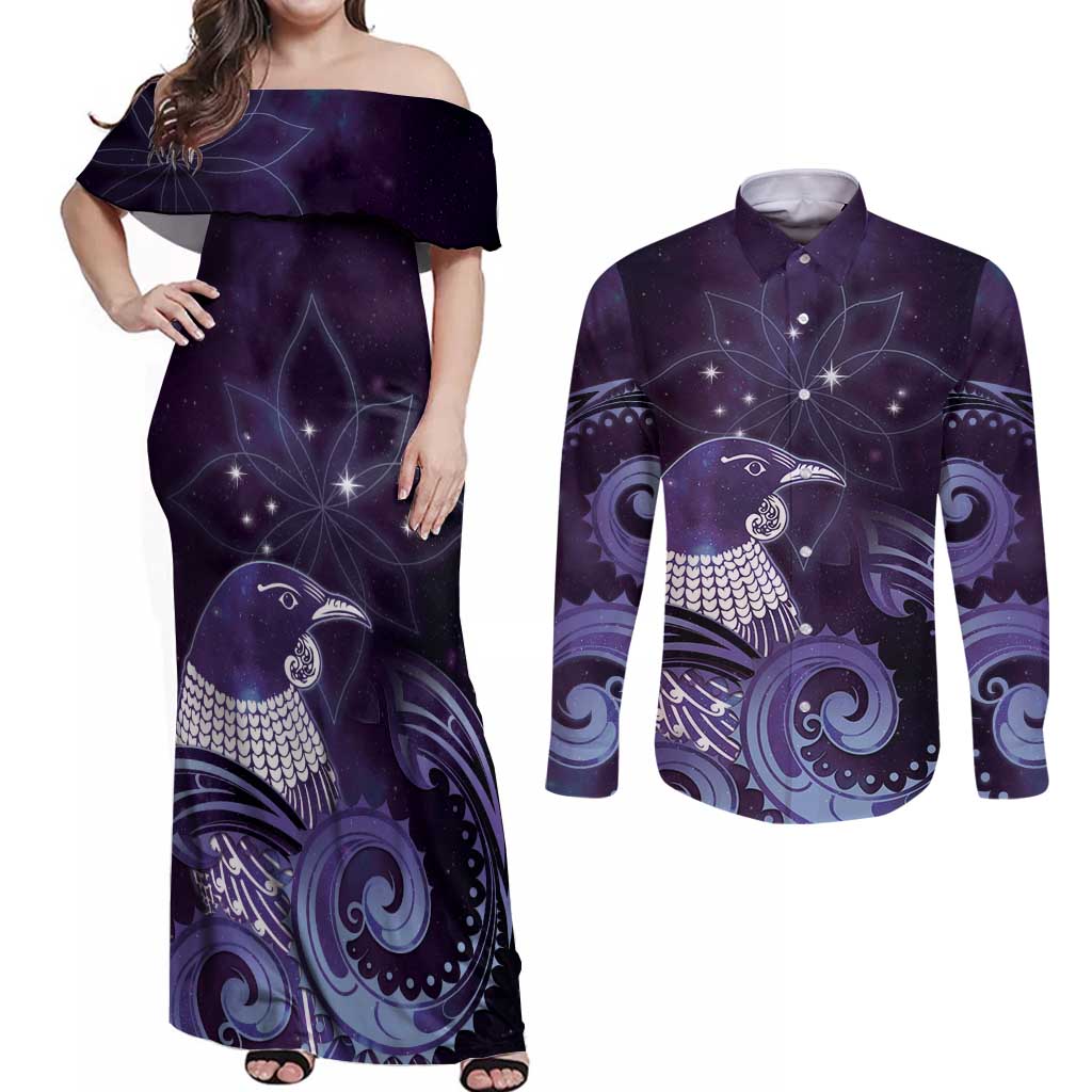 New Zealand Matariki Couples Matching Off Shoulder Maxi Dress and Long Sleeve Button Shirt Maori Tui Bird Purple Galaxy