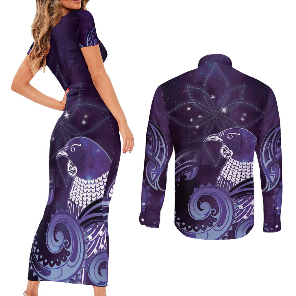 New Zealand Matariki Couples Matching Short Sleeve Bodycon Dress and Long Sleeve Button Shirt Maori Tui Bird Purple Galaxy