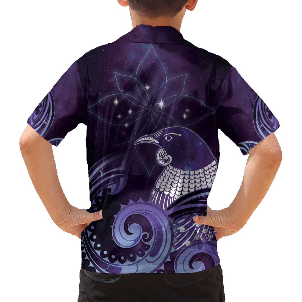 New Zealand Matariki Family Matching Long Sleeve Bodycon Dress and Hawaiian Shirt Maori Tui Bird Purple Galaxy