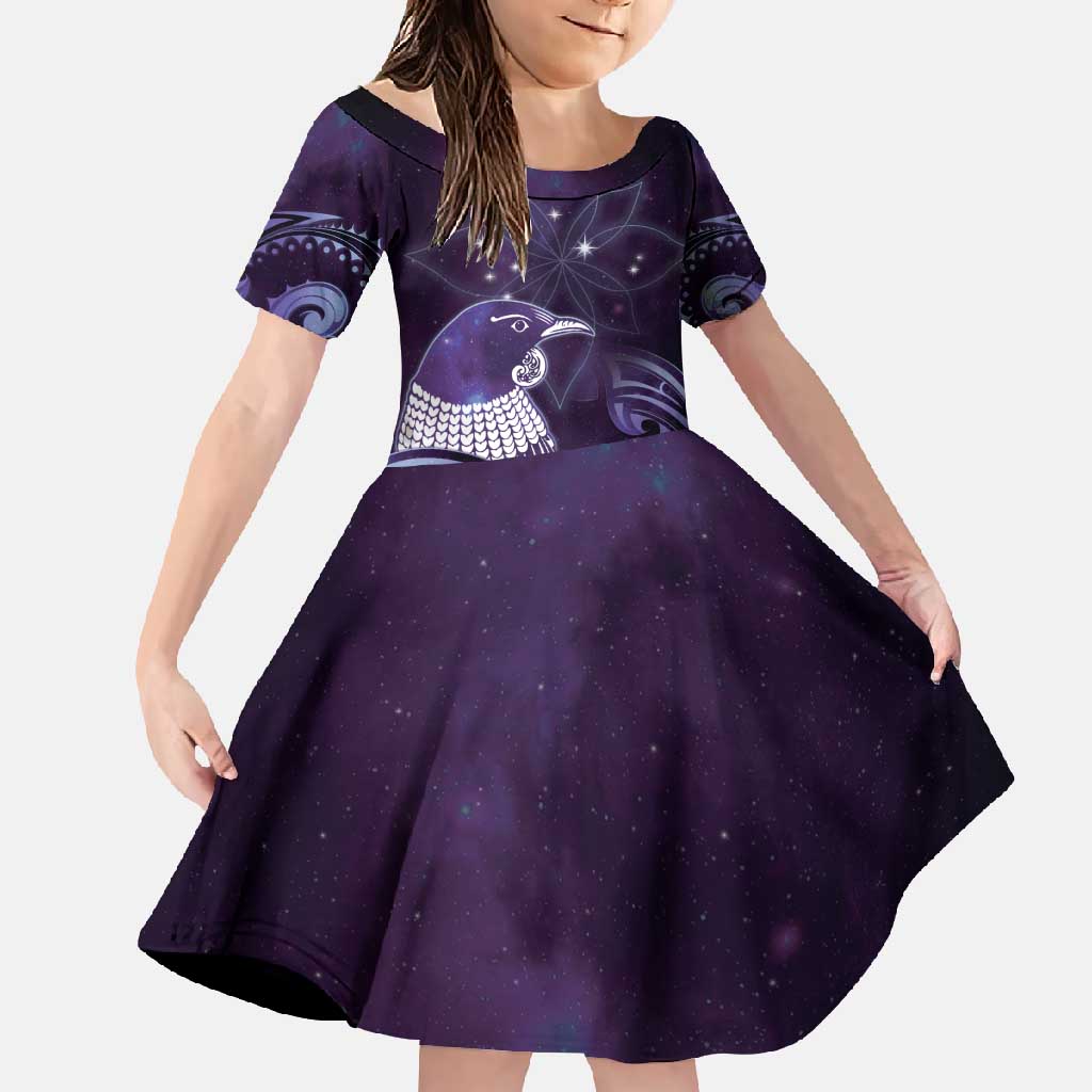 New Zealand Matariki Family Matching Long Sleeve Bodycon Dress and Hawaiian Shirt Maori Tui Bird Purple Galaxy