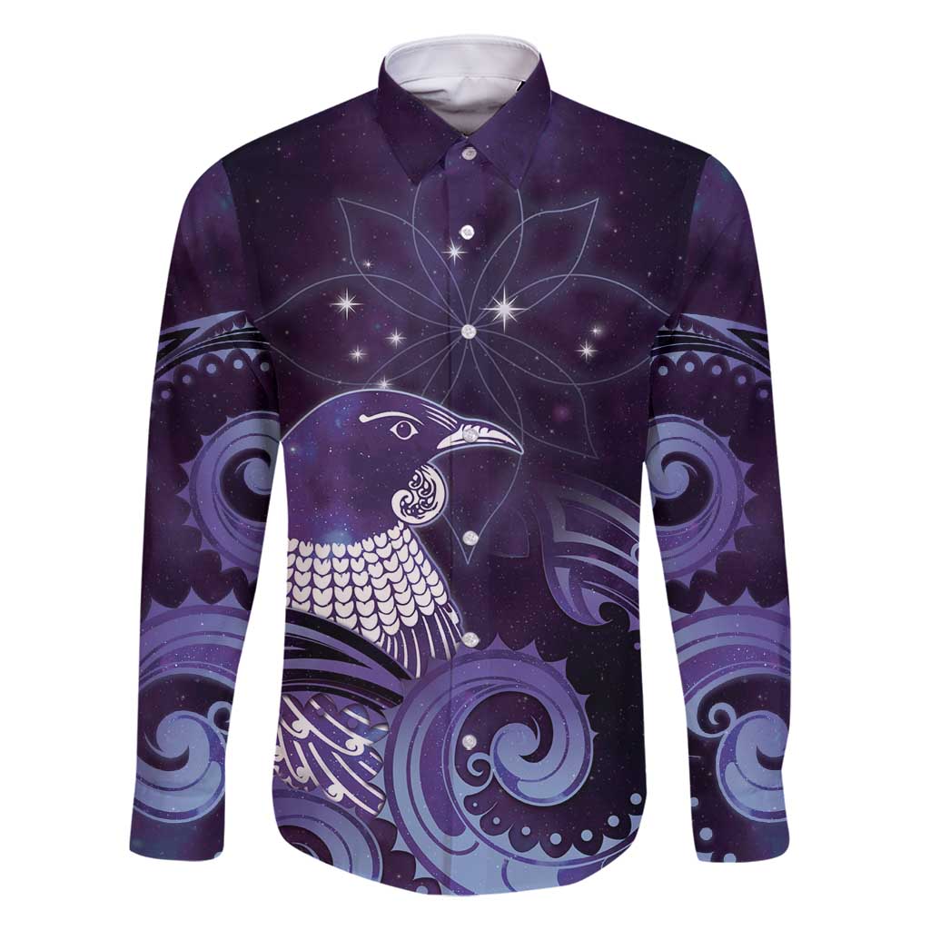 New Zealand Matariki Family Matching Long Sleeve Bodycon Dress and Hawaiian Shirt Maori Tui Bird Purple Galaxy