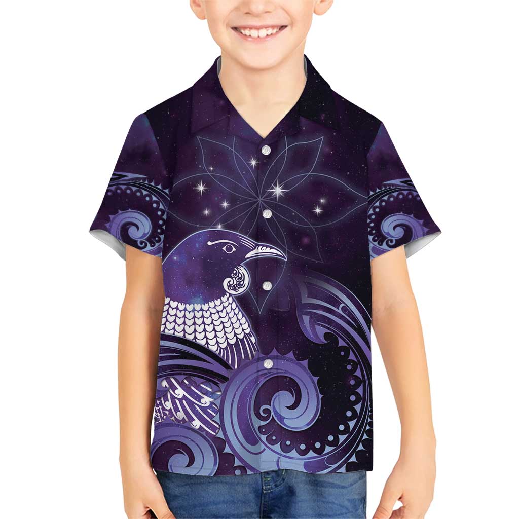 New Zealand Matariki Family Matching Long Sleeve Bodycon Dress and Hawaiian Shirt Maori Tui Bird Purple Galaxy