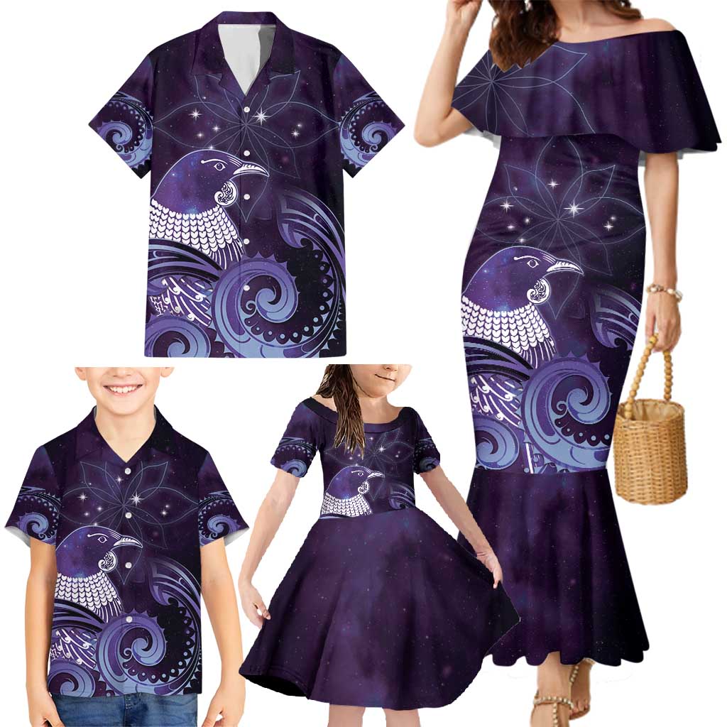 New Zealand Matariki Family Matching Mermaid Dress and Hawaiian Shirt Maori Tui Bird Purple Galaxy