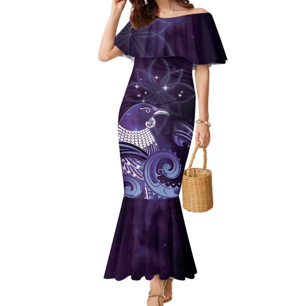 New Zealand Matariki Family Matching Mermaid Dress and Hawaiian Shirt Maori Tui Bird Purple Galaxy