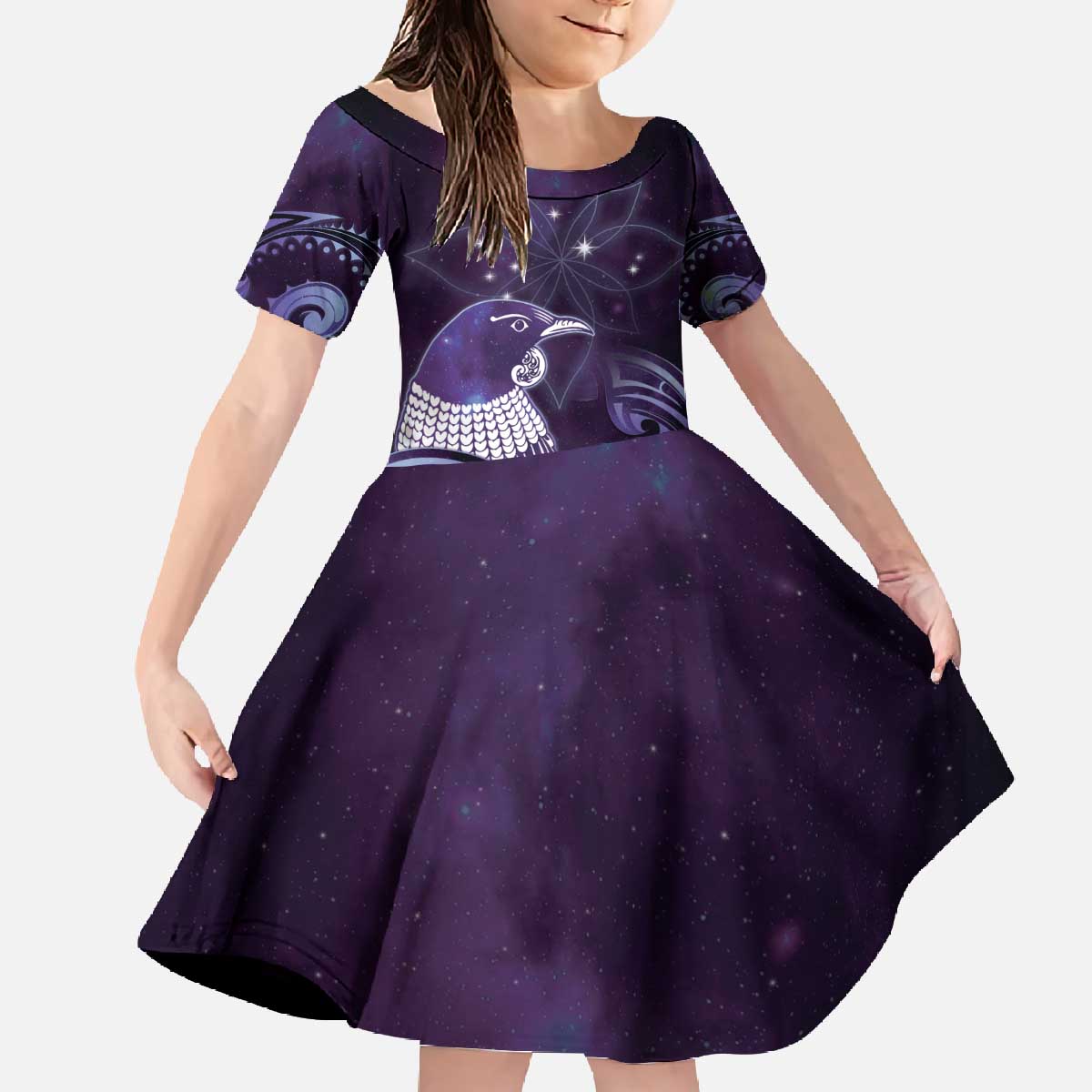 New Zealand Matariki Family Matching Off The Shoulder Long Sleeve Dress and Hawaiian Shirt Maori Tui Bird Purple Galaxy