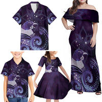 New Zealand Matariki Family Matching Off Shoulder Maxi Dress and Hawaiian Shirt Maori Tui Bird Purple Galaxy