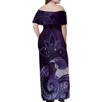 New Zealand Matariki Family Matching Off Shoulder Maxi Dress and Hawaiian Shirt Maori Tui Bird Purple Galaxy