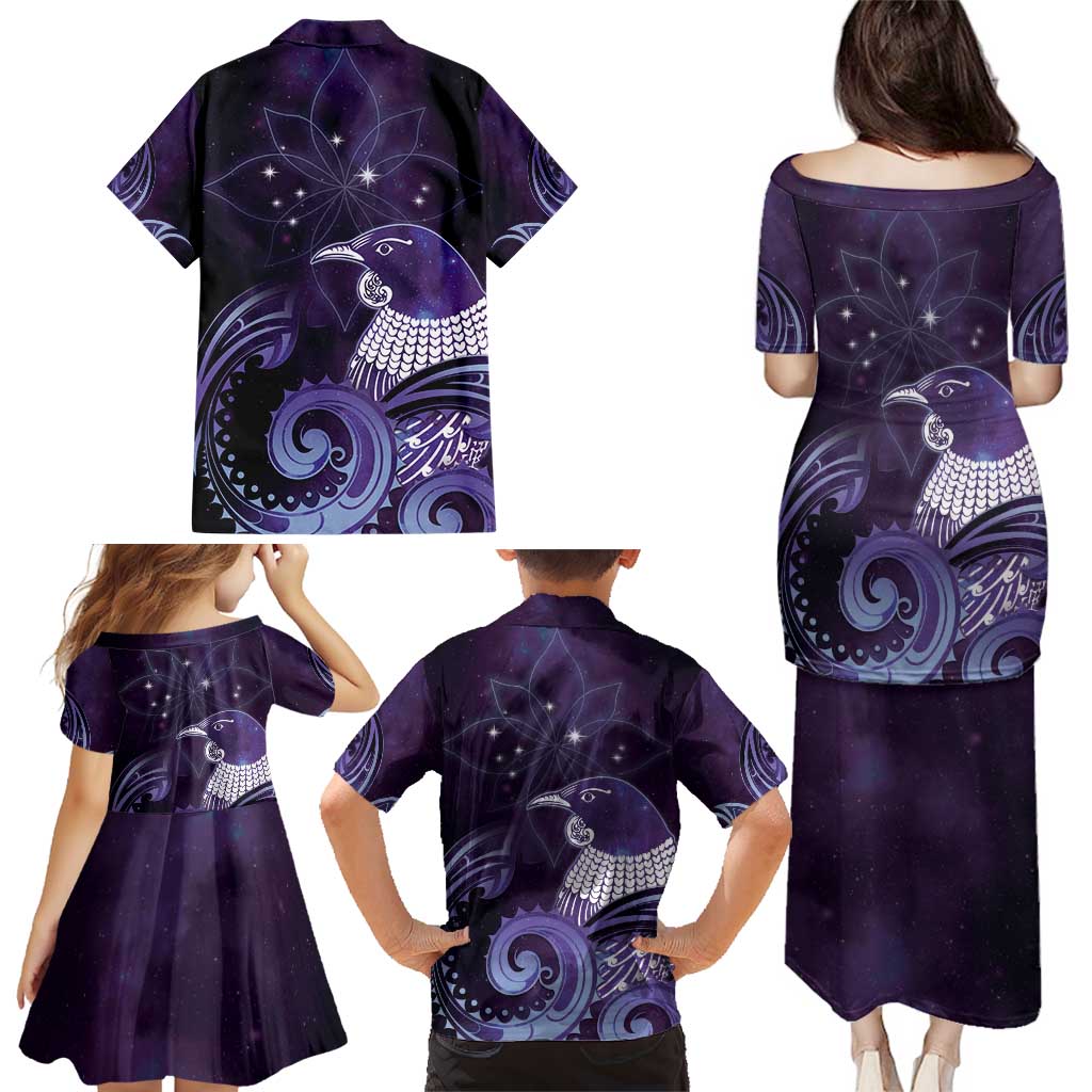 New Zealand Matariki Family Matching Puletasi and Hawaiian Shirt Maori Tui Bird Purple Galaxy
