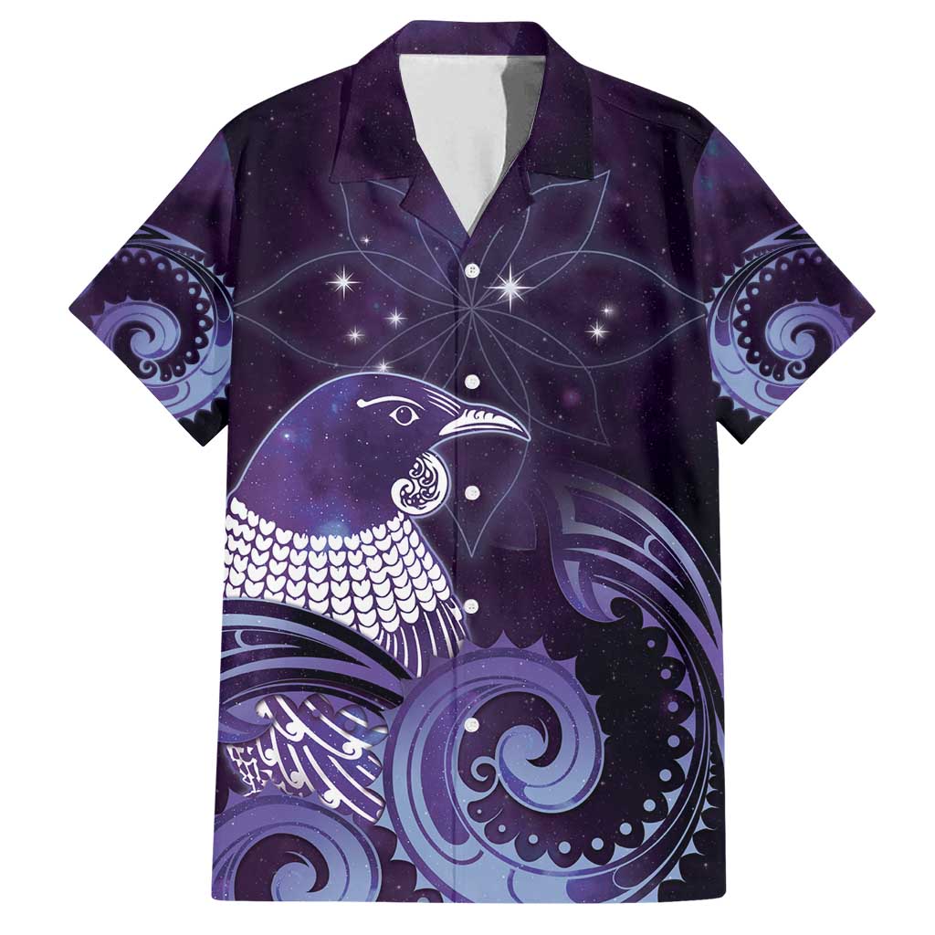 New Zealand Matariki Family Matching Puletasi and Hawaiian Shirt Maori Tui Bird Purple Galaxy