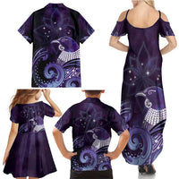 New Zealand Matariki Family Matching Summer Maxi Dress and Hawaiian Shirt Maori Tui Bird Purple Galaxy