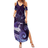 New Zealand Matariki Family Matching Summer Maxi Dress and Hawaiian Shirt Maori Tui Bird Purple Galaxy