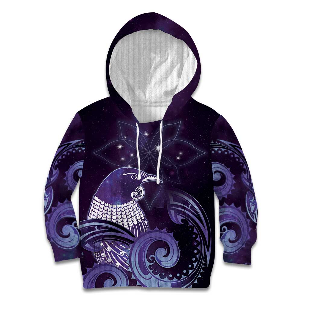 New Zealand Matariki Kid Hoodie Maori Tui Bird Purple Galaxy