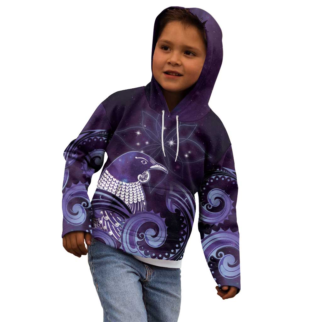 New Zealand Matariki Kid Hoodie Maori Tui Bird Purple Galaxy
