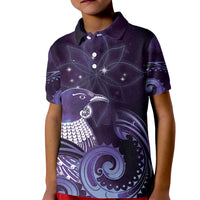 New Zealand Matariki Kid Polo Shirt Maori Tui Bird Purple Galaxy