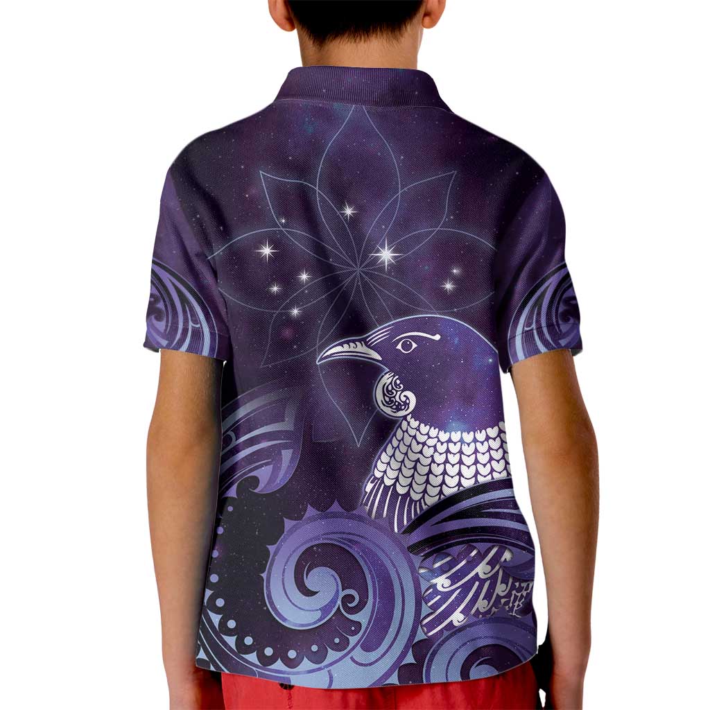 New Zealand Matariki Kid Polo Shirt Maori Tui Bird Purple Galaxy