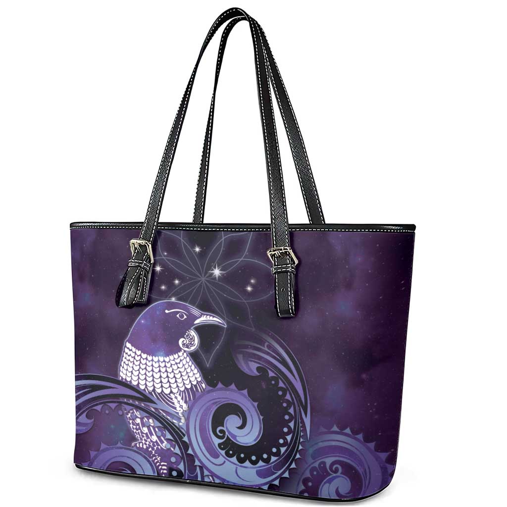 New Zealand Matariki Leather Tote Bag Maori Tui Bird Purple Galaxy