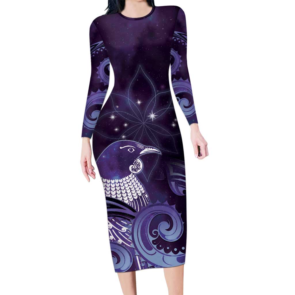 New Zealand Matariki Long Sleeve Bodycon Dress Maori Tui Bird Purple Galaxy