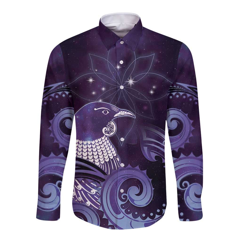New Zealand Matariki Long Sleeve Button Shirt Maori Tui Bird Purple Galaxy