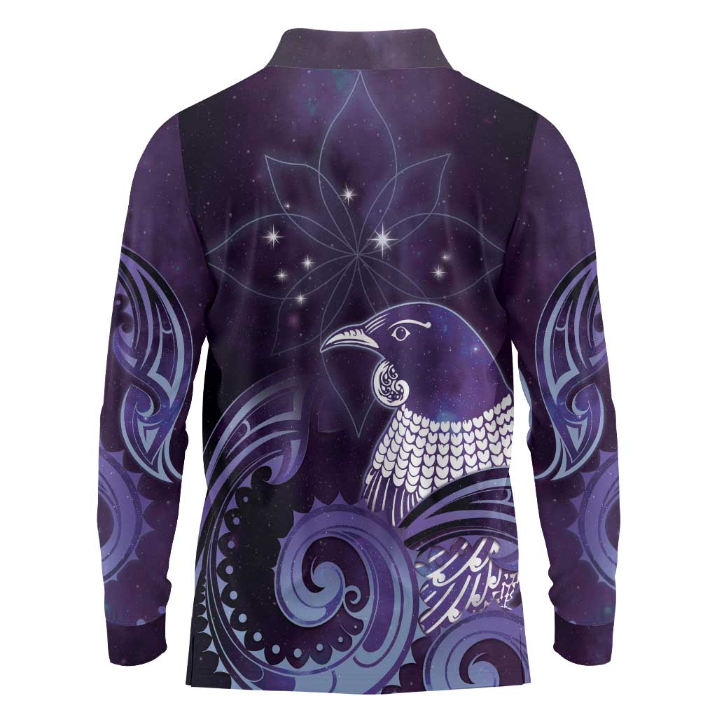 New Zealand Matariki Long Sleeve Polo Shirt Maori Tui Bird Purple Galaxy