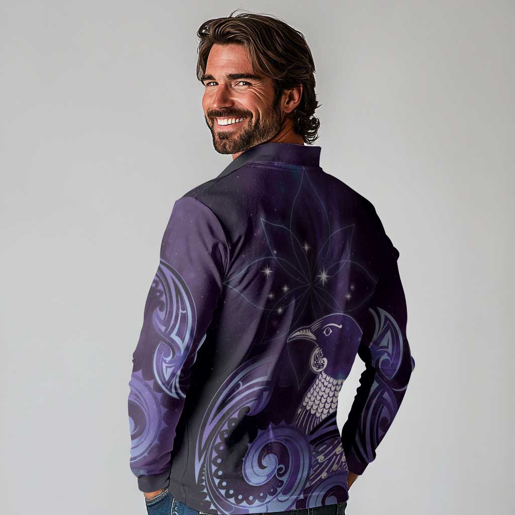 New Zealand Matariki Long Sleeve Polo Shirt Maori Tui Bird Purple Galaxy
