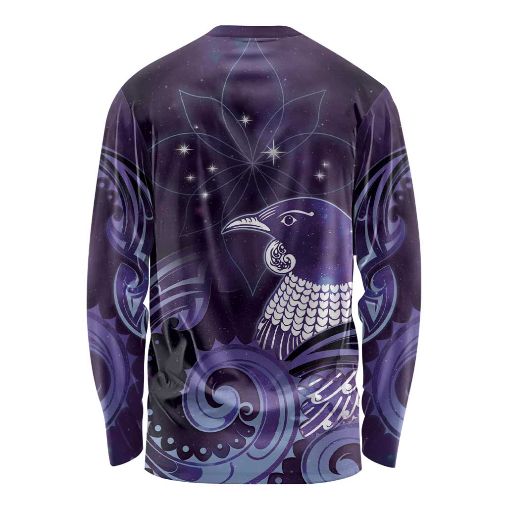 New Zealand Matariki Long Sleeve Shirt Maori Tui Bird Purple Galaxy
