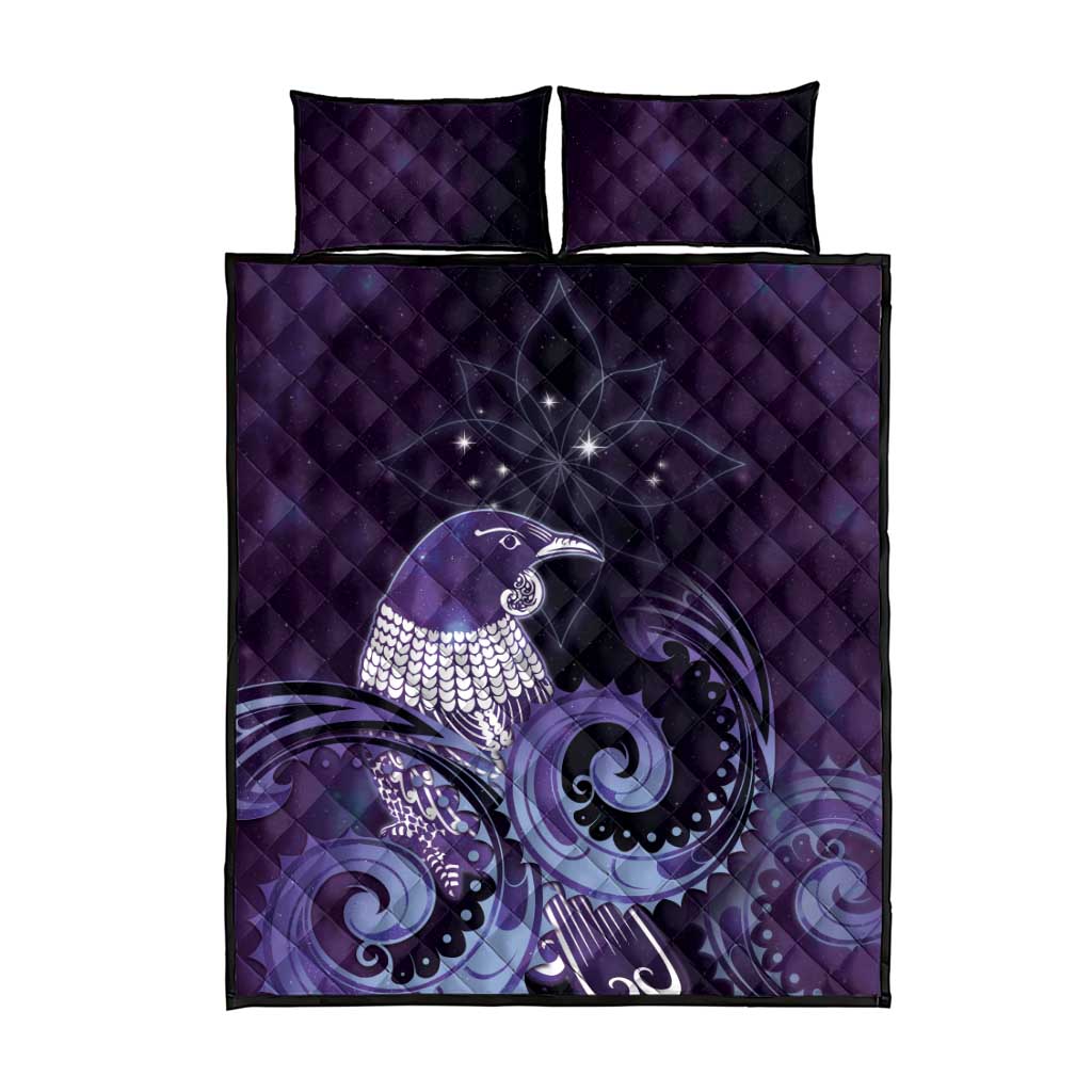 New Zealand Matariki Quilt Bed Set Maori Tui Bird Purple Galaxy