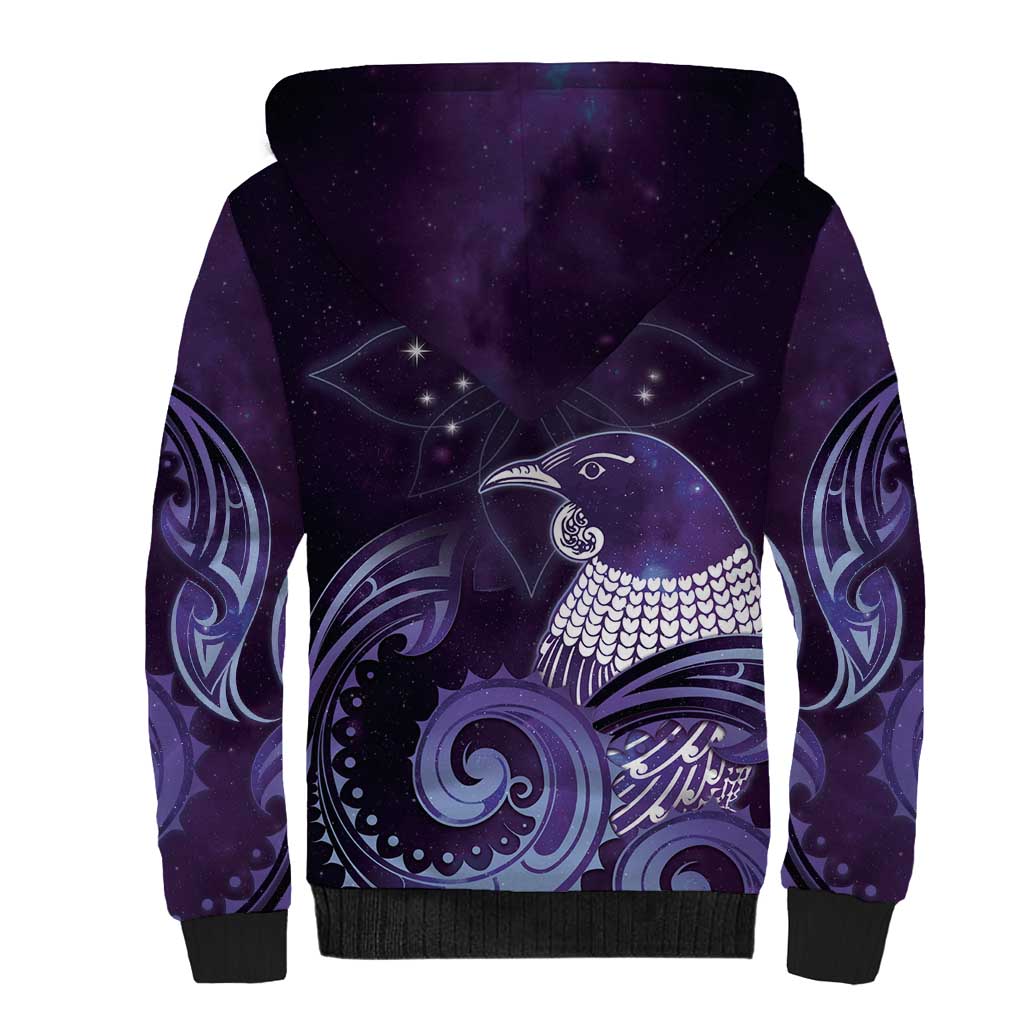 New Zealand Matariki Sherpa Hoodie Maori Tui Bird Purple Galaxy