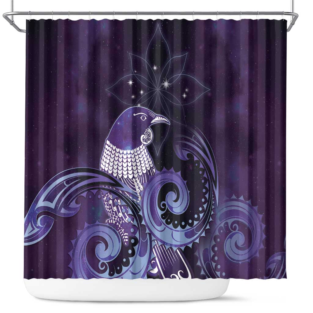 New Zealand Matariki Shower Curtain Maori Tui Bird Purple Galaxy