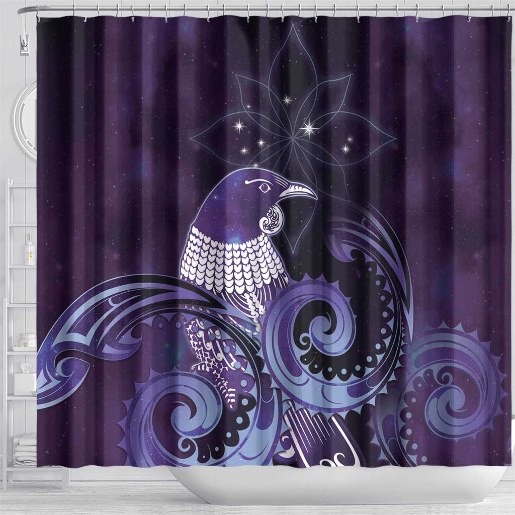New Zealand Matariki Shower Curtain Maori Tui Bird Purple Galaxy