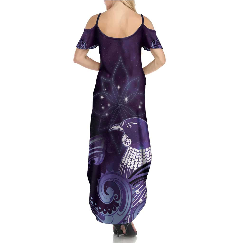 New Zealand Matariki Summer Maxi Dress Maori Tui Bird Purple Galaxy