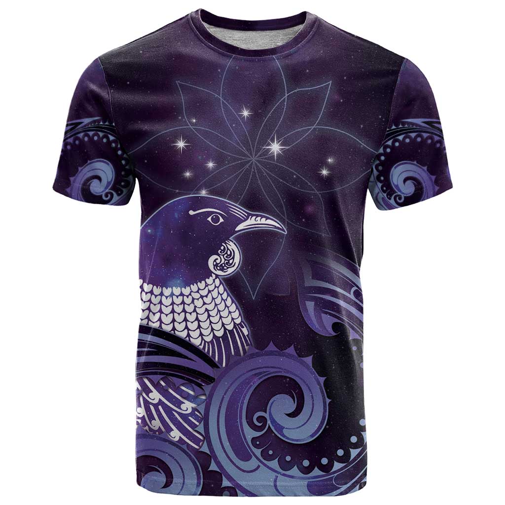 New Zealand Matariki T Shirt Maori Tui Bird Purple Galaxy