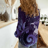 New Zealand Matariki Women Casual Shirt Maori Tui Bird Purple Galaxy