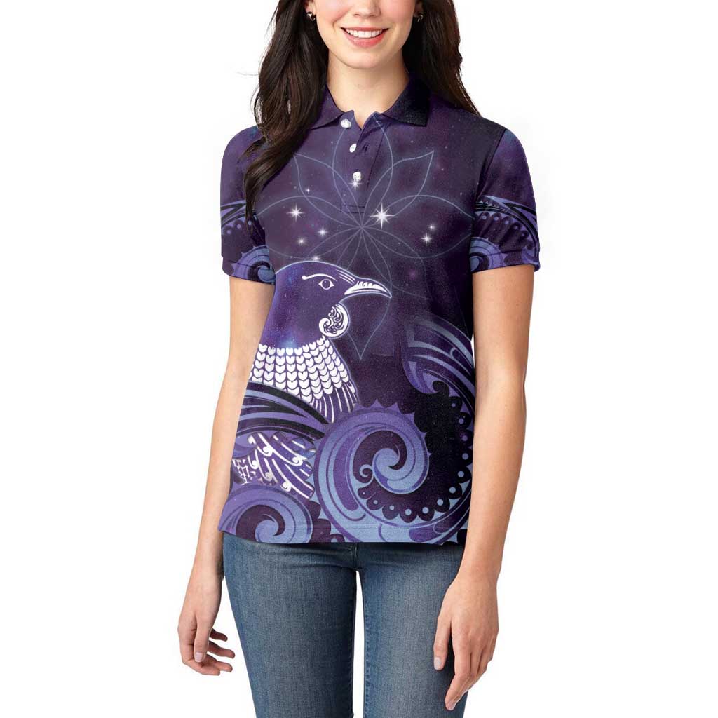 New Zealand Matariki Women Polo Shirt Maori Tui Bird Purple Galaxy