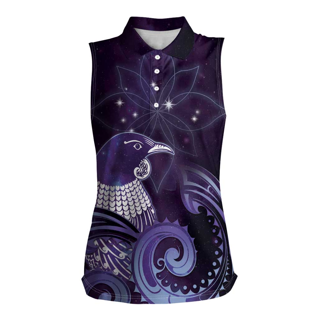 New Zealand Matariki Women Sleeveless Polo Shirt Maori Tui Bird Purple Galaxy