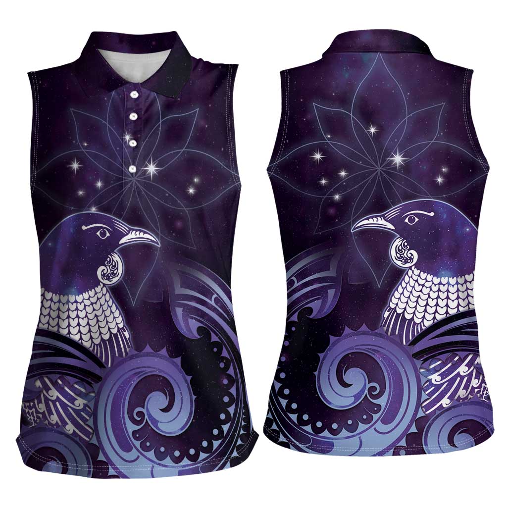 New Zealand Matariki Women Sleeveless Polo Shirt Maori Tui Bird Purple Galaxy