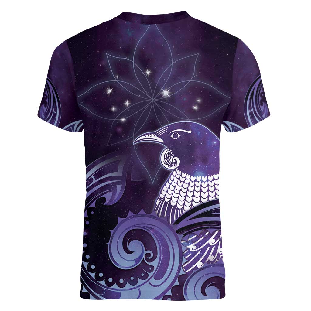 New Zealand Matariki Women V-Neck T-Shirt Maori Tui Bird Purple Galaxy