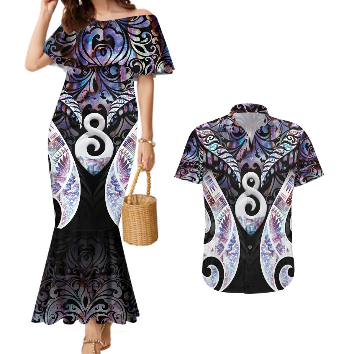 New Zealand Aotearoa Couples Matching Mermaid Dress and Hawaiian Shirt Pikorua Single Twist Pink Paua Shell