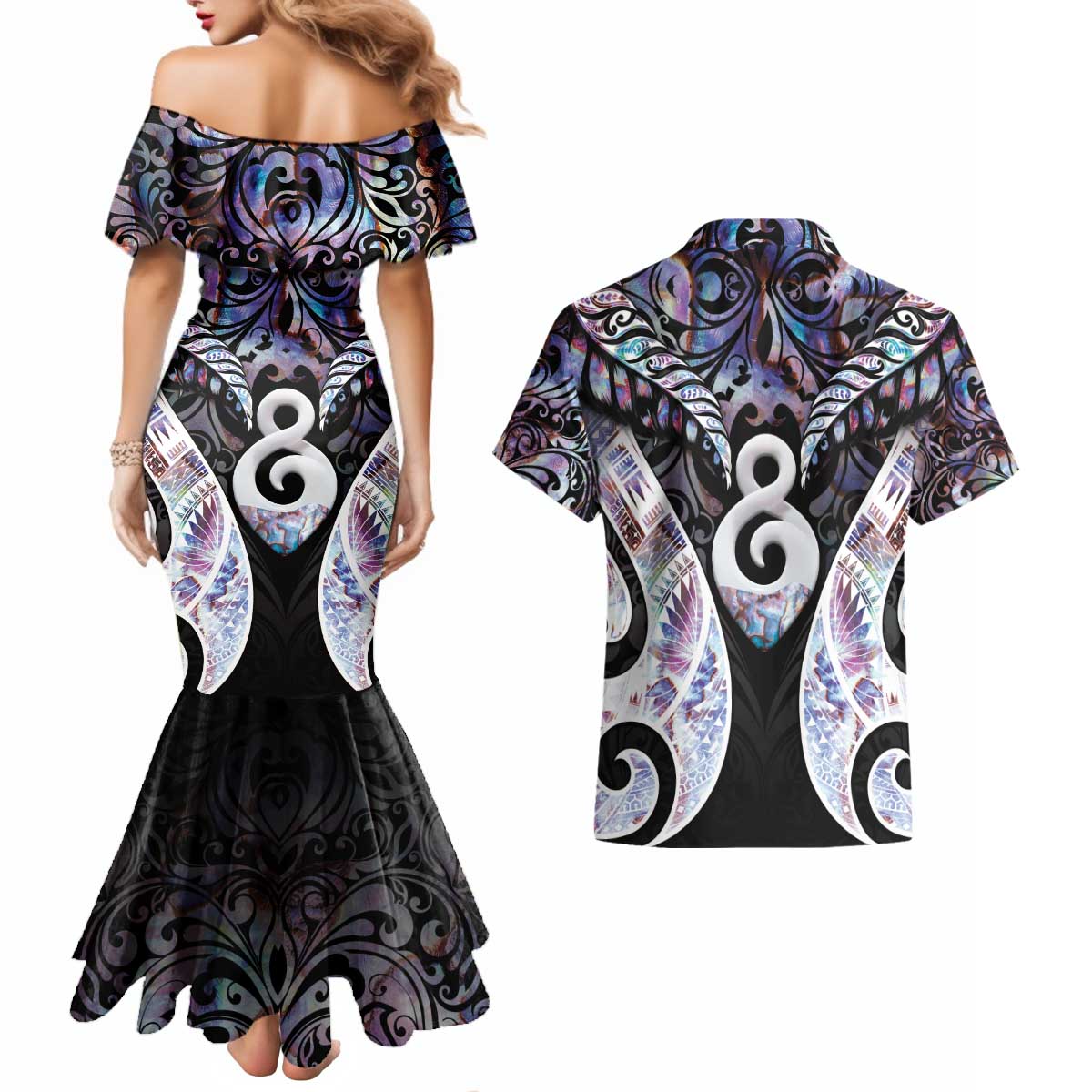 New Zealand Aotearoa Couples Matching Mermaid Dress and Hawaiian Shirt Pikorua Single Twist Pink Paua Shell